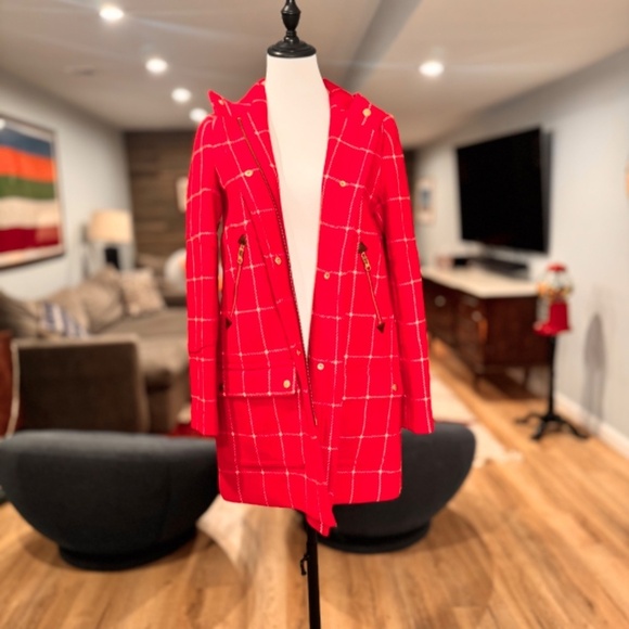 J. Crew Chateau Parka Red Plaid Windowpane Check 100% Wool Hooded Coat Size 0 - Picture 5 of 5